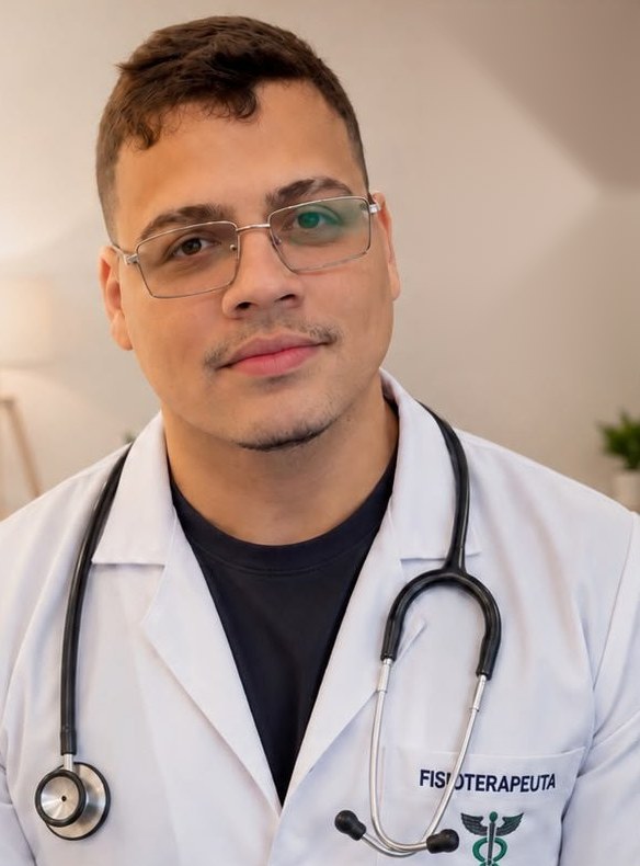 Dr. Weslley Barros, fisioterapeuta, de jaleco branco e estetoscópio