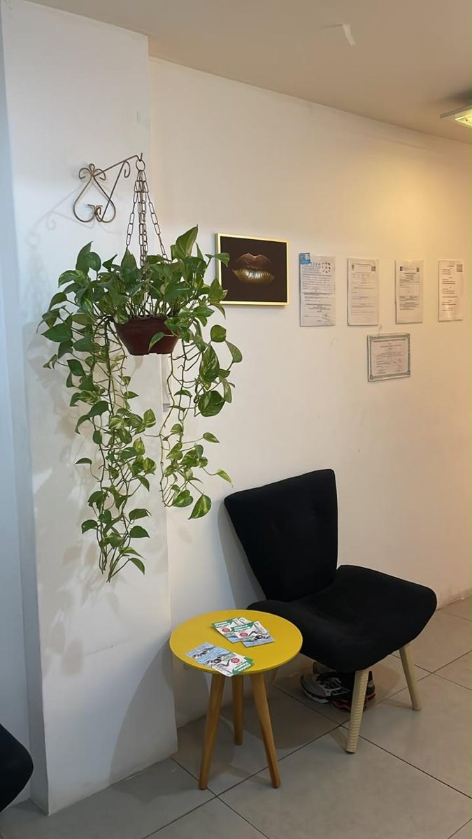 Sala de espera com poltrona, mesinha amarela e planta pendente